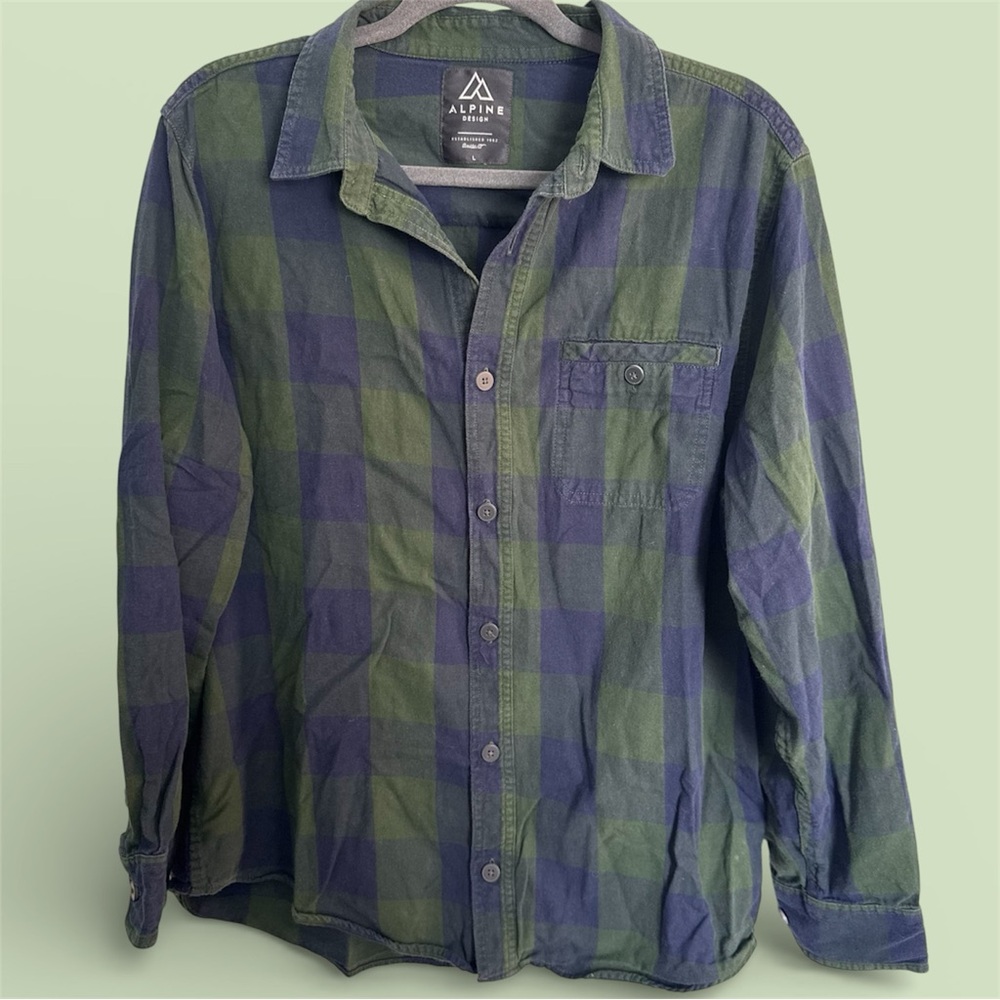 Alpine Design Men's Green Blue Plaid Checkered Hiking Outdoors Button Down Shirt